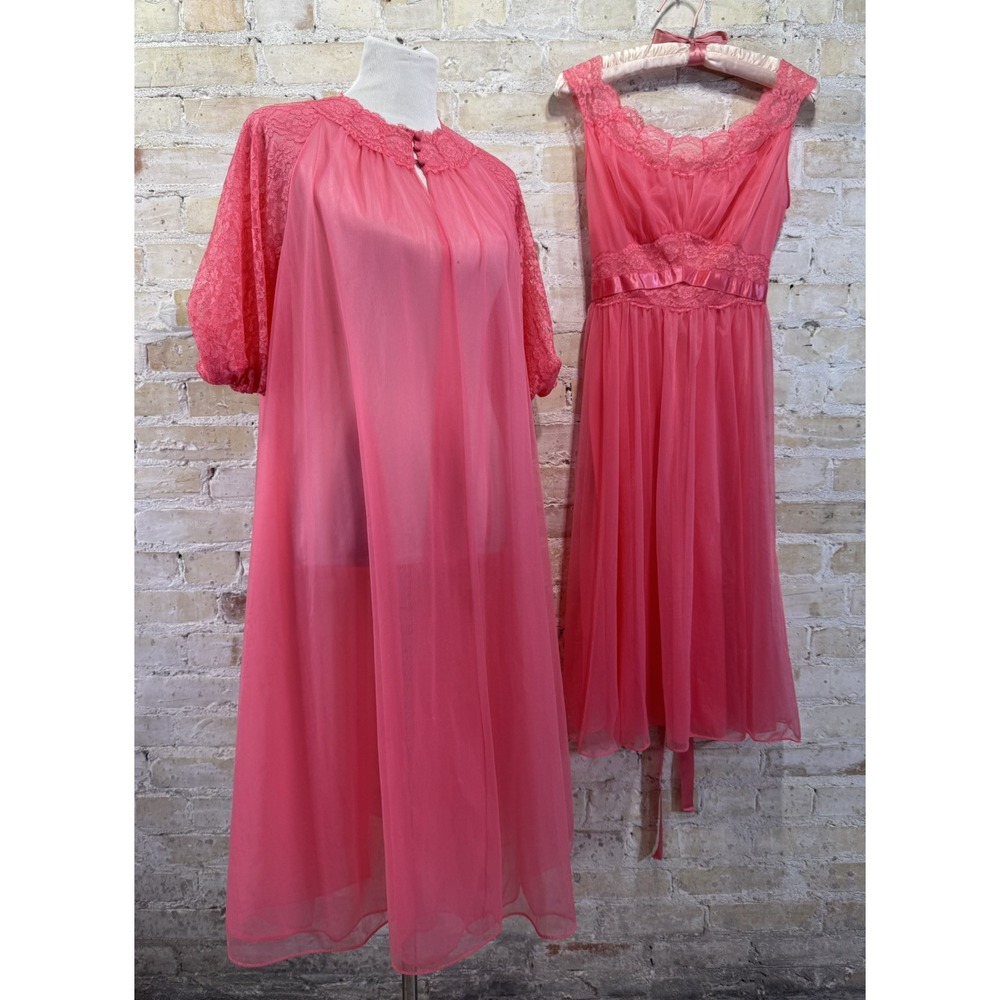 Gorgeous Coral Pink Sheer Lace Nightgown and Robe Set